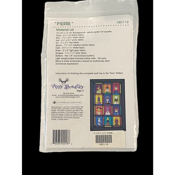 Amy Bradley Quilt Block Pattern “PIERRE” From the KITTY CITY Series 2003 - Picture 2 of 3